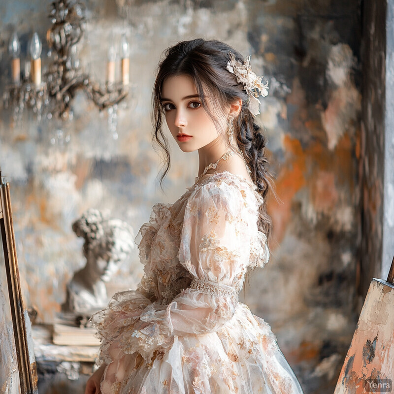 A young woman in an ethereal gown stands in front of a blurred painting, surrounded by art supplies.