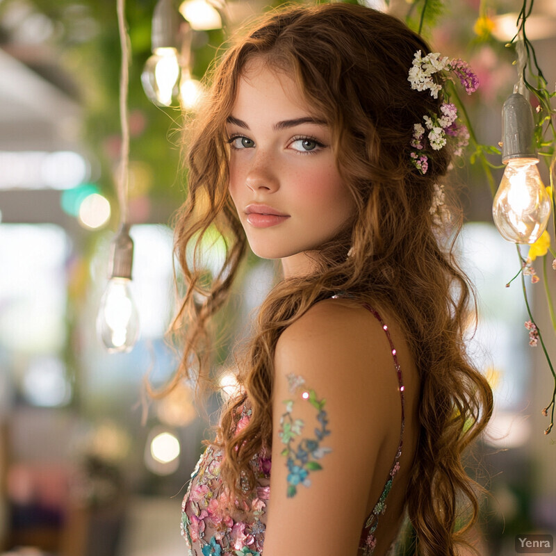 A woman with long, wavy brown hair adorned with flowers and a sleeveless dress featuring intricate floral patterns.