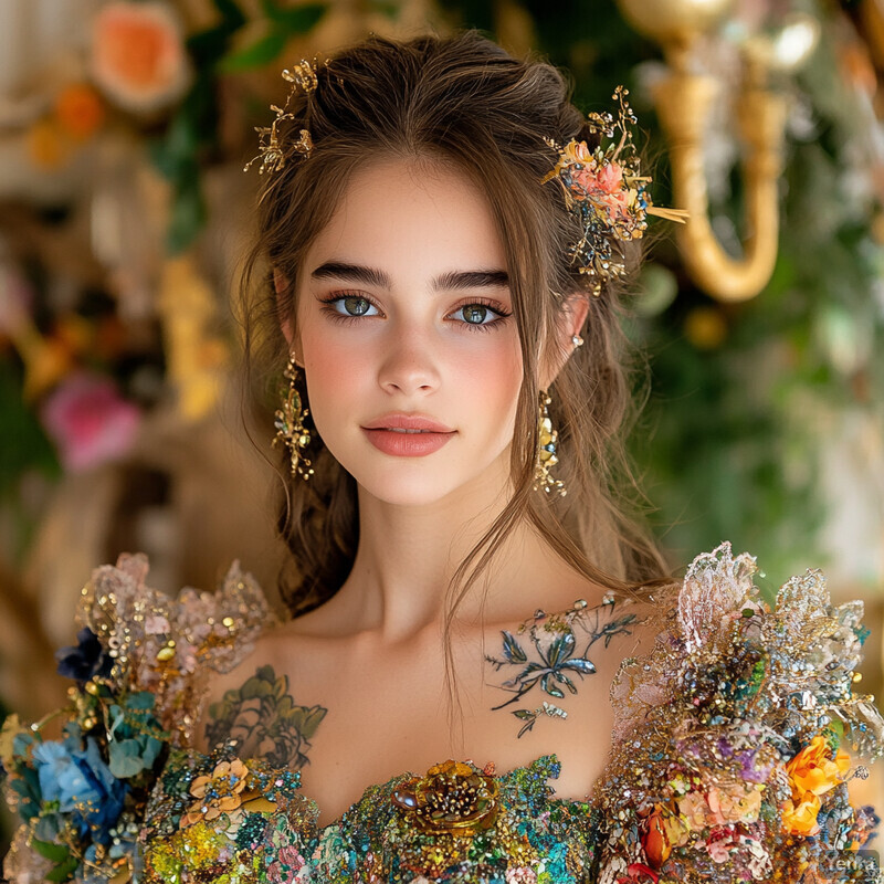 A young woman with long brown hair and blue eyes wears a vibrant floral dress with gold accents, posing in front of a blurred green backdrop.