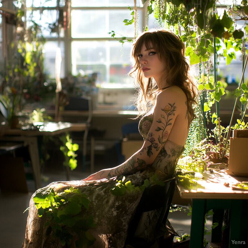 A woman sitting in a room filled with plants and sunlight, surrounded by greenery and vines.