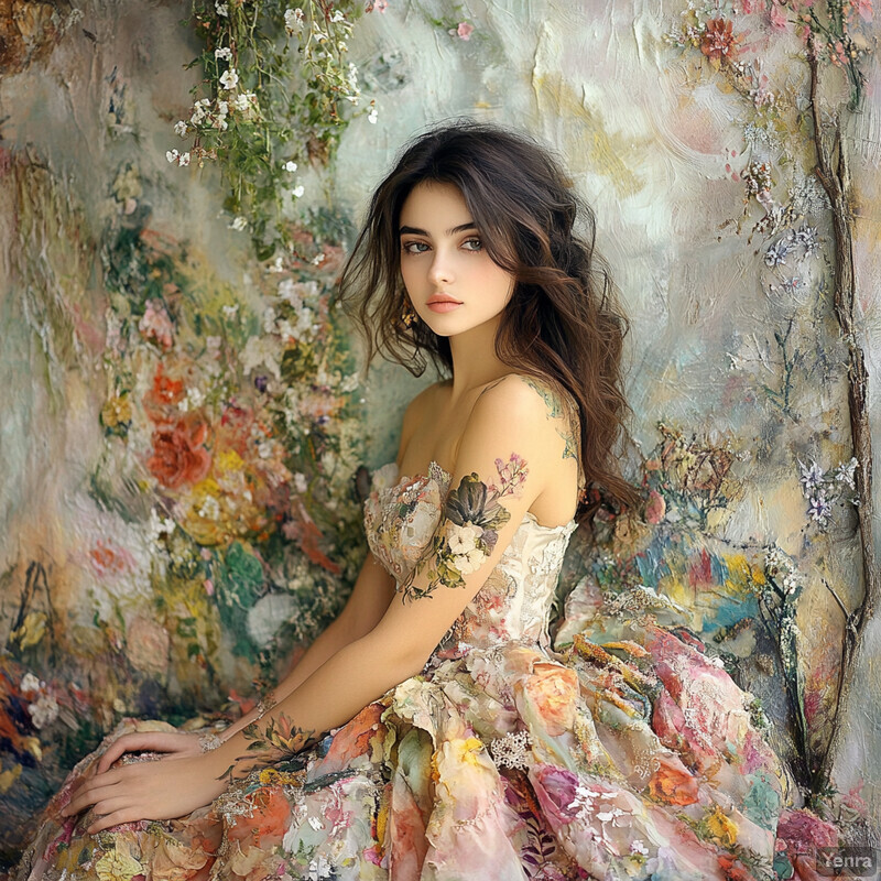 Woman in floral dress standing in front of abstract flowers