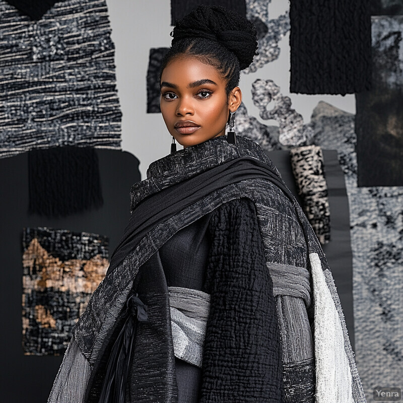 A woman stands in front of a wall adorned with various black and white textiles, showcasing her elegant outfit made from the same textured material as the background.