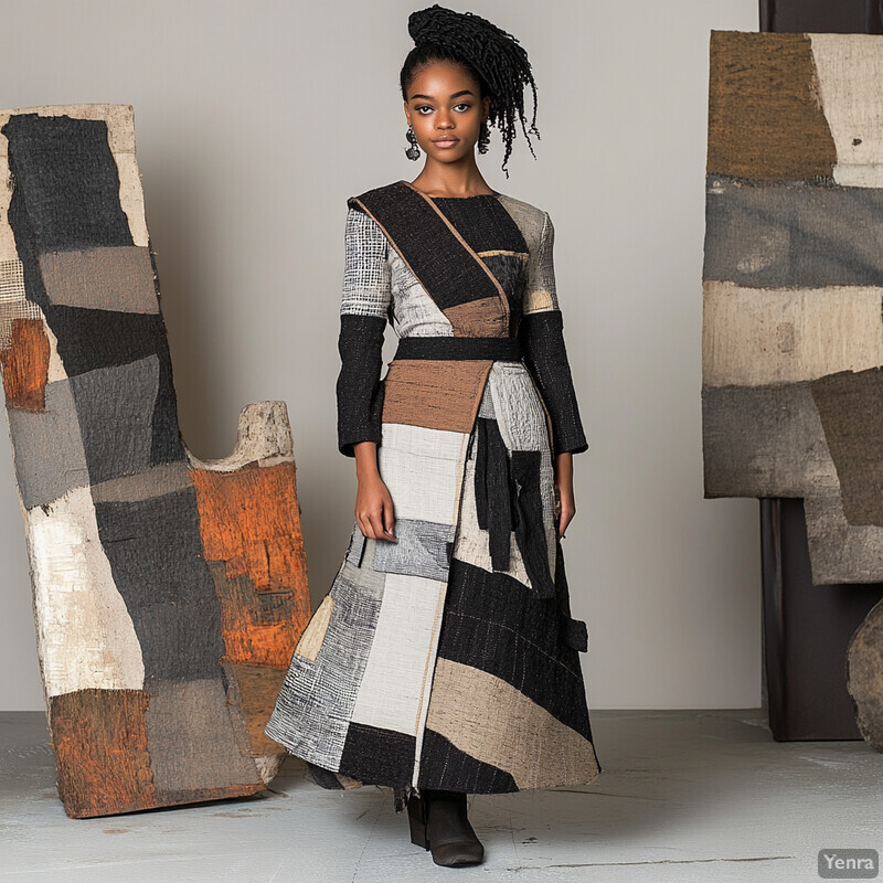 A young Black woman poses confidently in front of a neutral background, wearing a long, intricately patterned dress made from natural fibers.