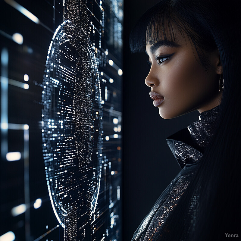 Woman in black leather jacket or coat standing in front of cityscape at night