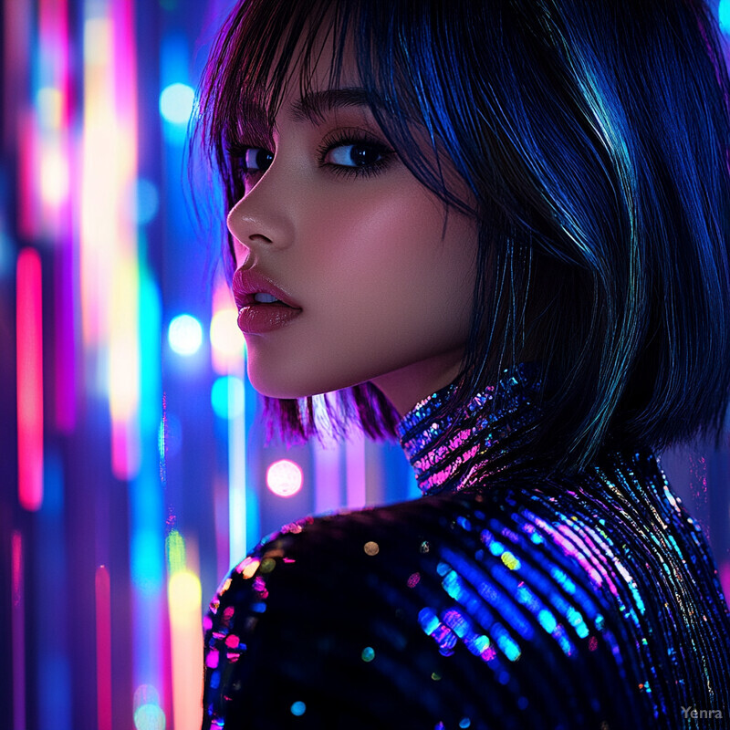 A woman with dark hair and iridescent sequin top stands in front of a blurred cityscape at night, surrounded by neon lights.