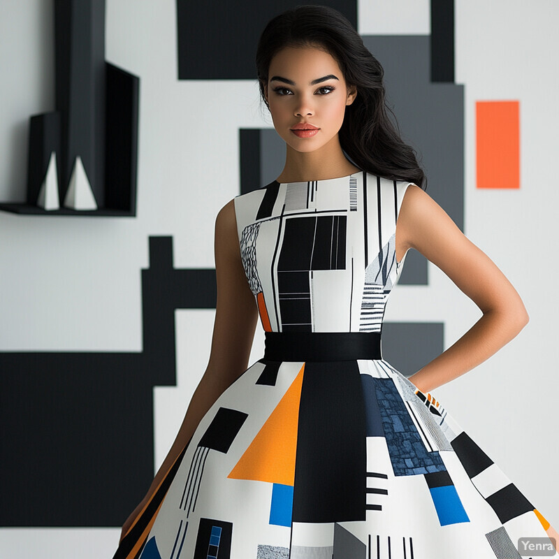 A woman stands confidently in front of a geometric-patterned wall, wearing a sleeveless dress with a fitted bodice and full skirt.