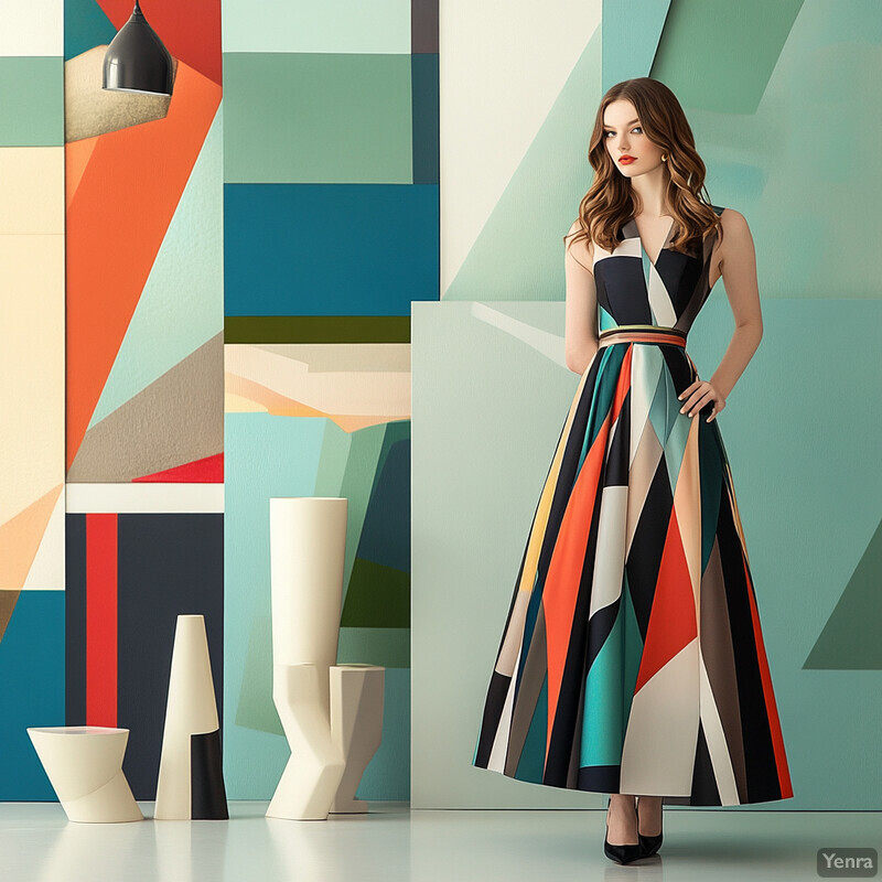 A woman stands in front of a geometric patterned wall, wearing a vibrant dress and accessorized with dangling earrings.