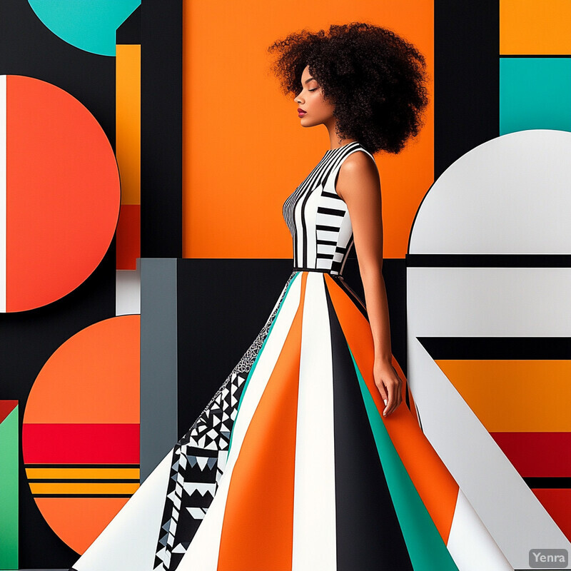 A woman in a geometric-patterned dress stands against a colorful geometric background