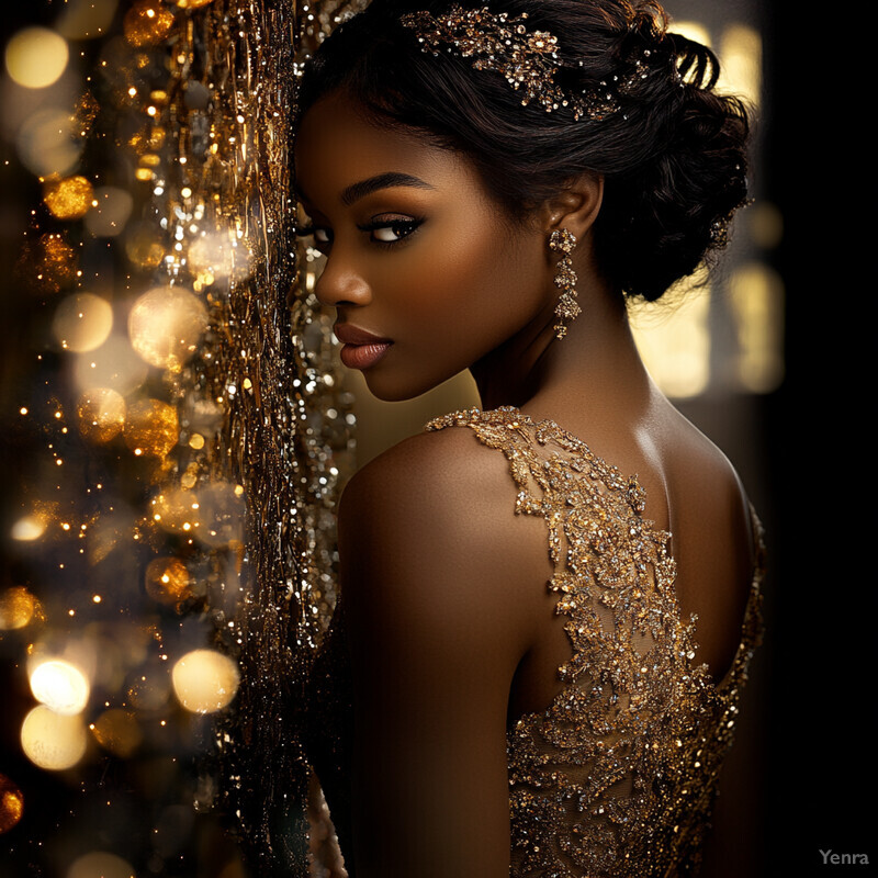 A woman with dark skin and black hair styled in an updo adorned with a gold headpiece, wearing a sleeveless gold dress featuring intricate lace details on the back.