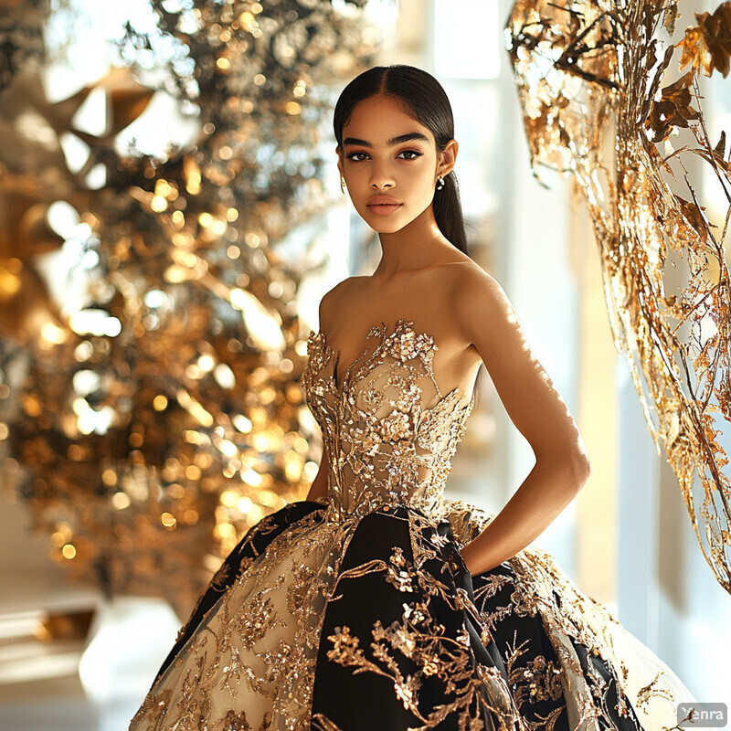 A woman in a formal gown stands in front of a gold-decorated wall, likely for a wedding or prom.