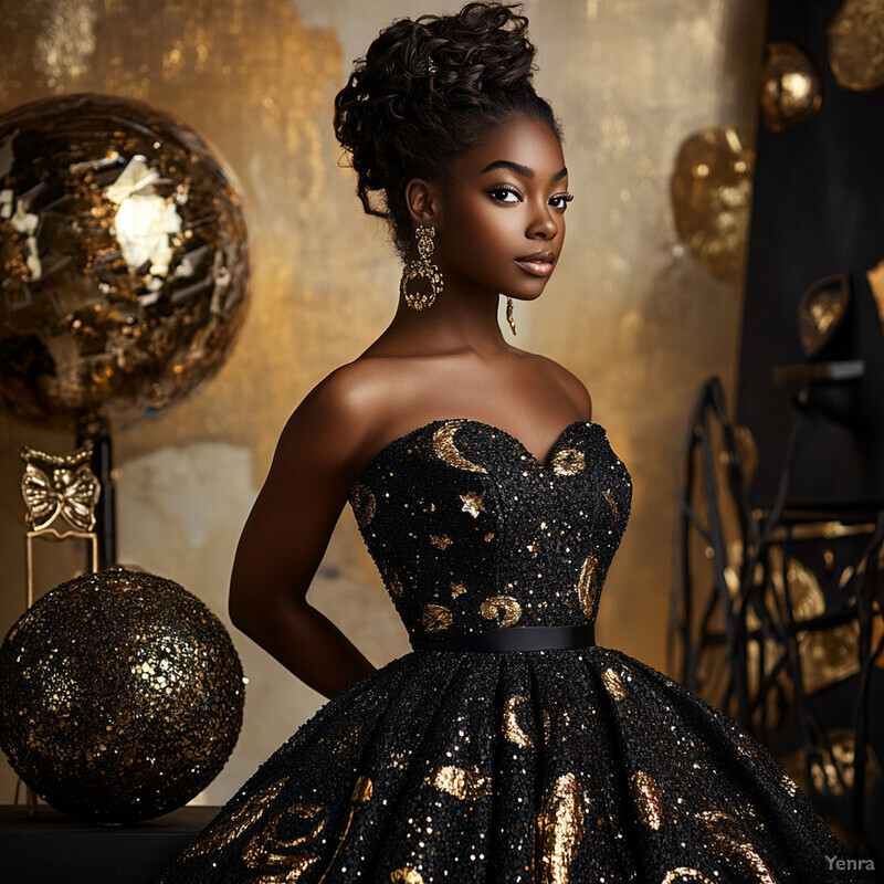 A woman stands confidently in front of a gold-colored wall, exuding elegance with her black dress and gold sequins, while holding a purse and gazing to the right.