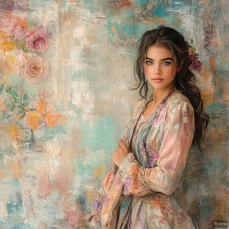 A young woman in a colorful dress stands in front of a soft, pastel-colored background, evoking a sense of serenity and peace.