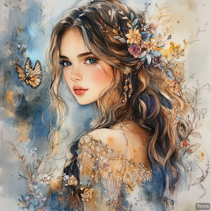 A watercolor painting of a woman with long hair adorned with flowers and butterflies, set against a soft blue and gray background.