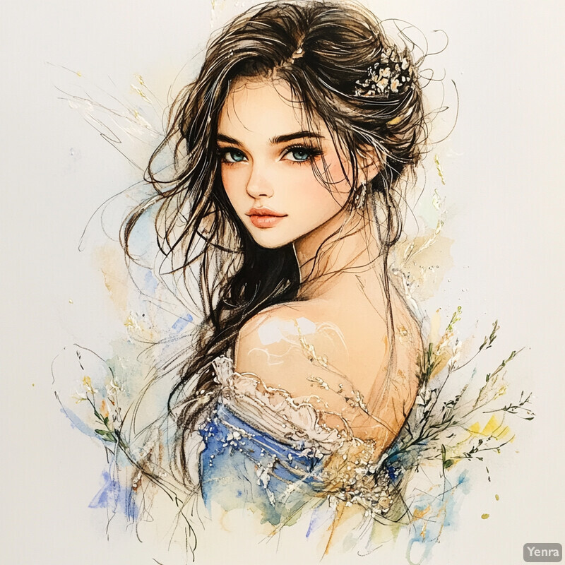 A young woman with long brown hair and blue eyes, styled in an elegant updo with a delicate flower or floral accessory, set against a soft pastel-colored background that evokes a dreamy atmosphere reminiscent of a watercolor painting from a children's storybook.