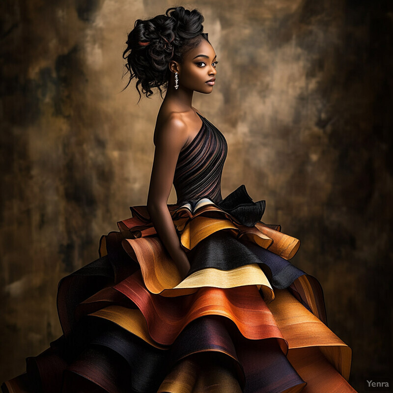 A young Black woman with dark skin and curly black hair styled in an updo adorned with red highlights, wearing a multi-layered ball gown.