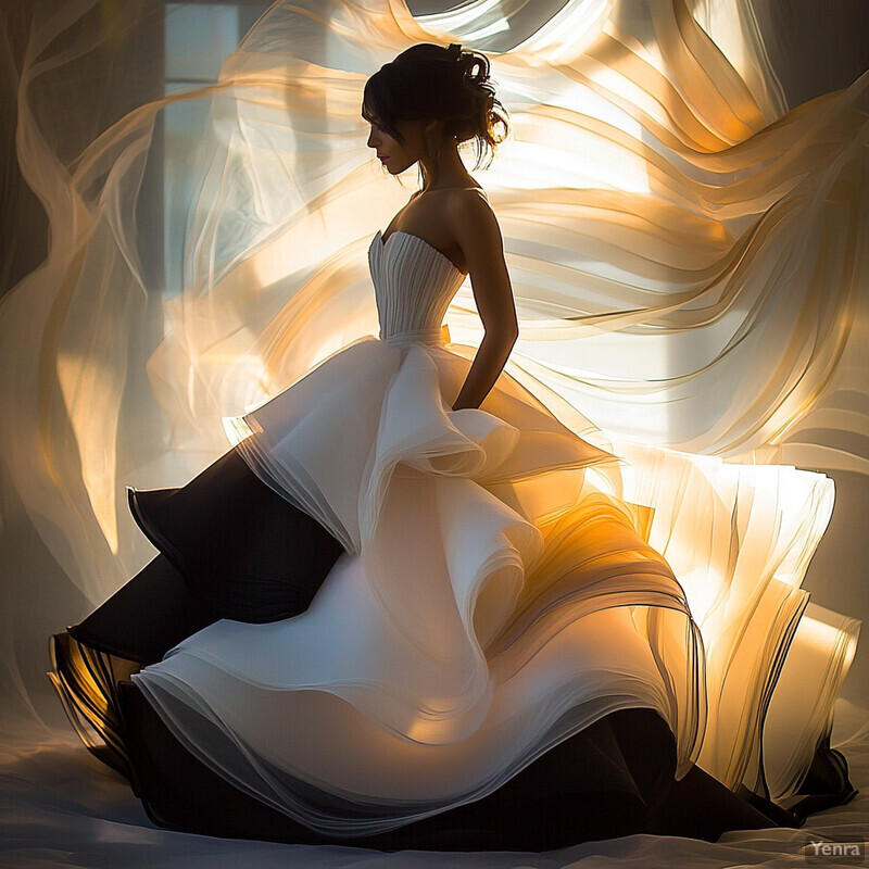 A woman in a white wedding dress poses confidently in front of a sheer fabric backdrop, creating a dramatic and romantic scene.