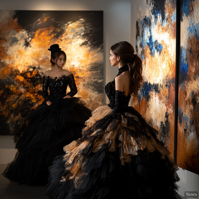 Two women pose in front of abstract art, dressed in elaborate black and gold gowns