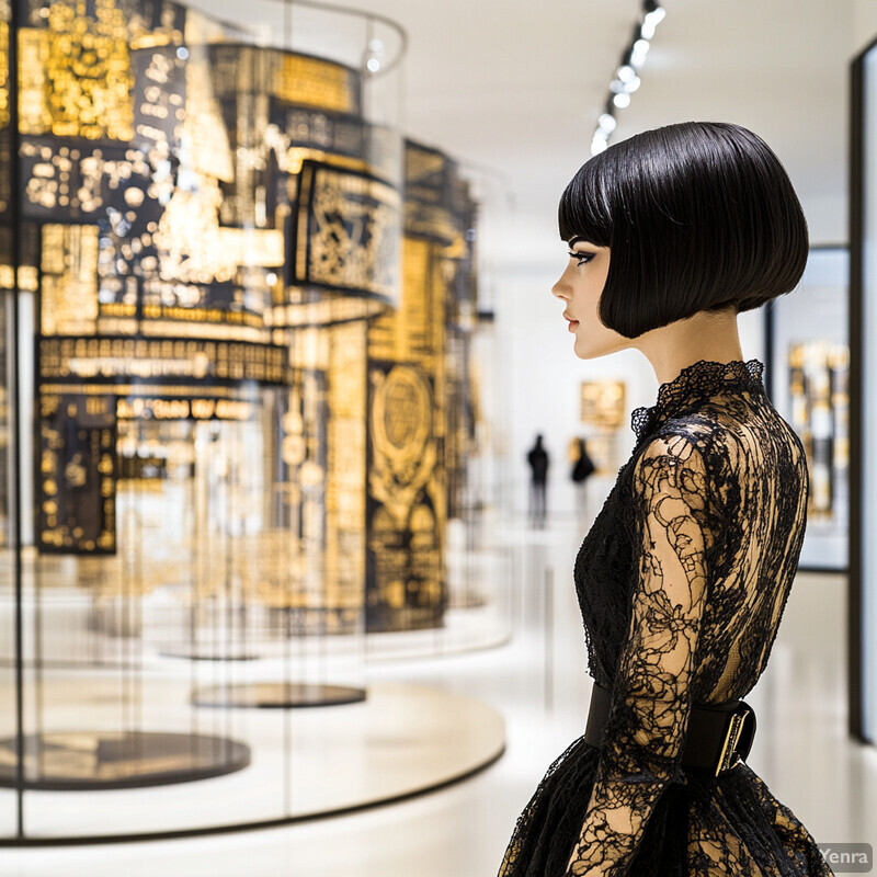 A mannequin dressed in a black lace dress stands in front of a glass case displaying gold-colored items, exuding an air of elegance and sophistication.