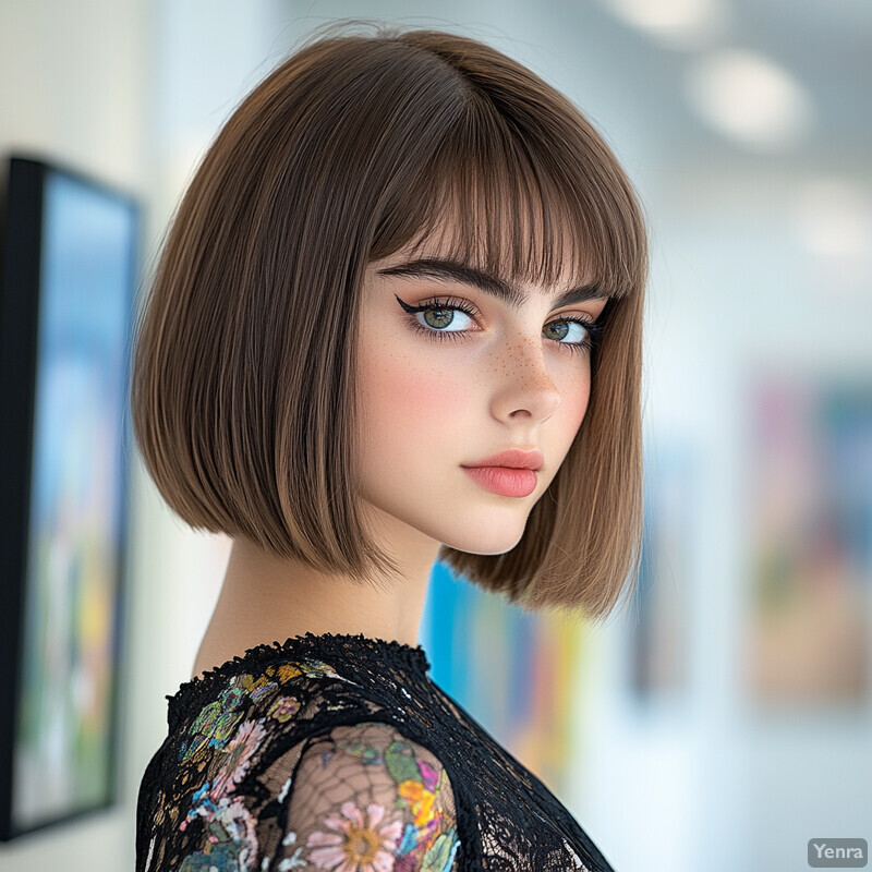 A young woman with a bob haircut and bangs poses in front of a blurred art gallery background, showcasing her natural beauty and elegance.