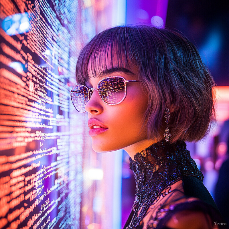 A woman with short hair and bangs stands confidently in front of a wall covered in code or data, wearing sunglasses and a black top with lace details on the collar.