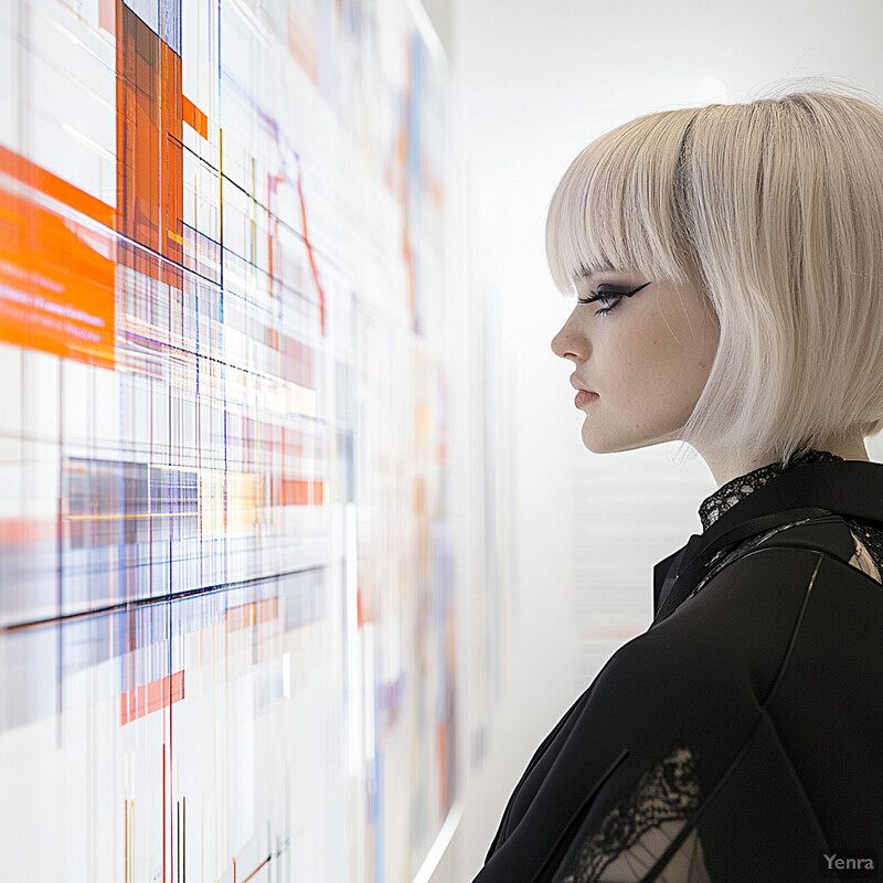 A woman with platinum blonde hair and bangs admires an abstract art piece in an art gallery or museum setting.