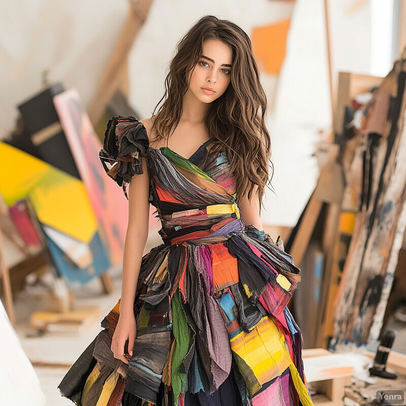 A young woman with long brown hair wears a colorful patchwork dress in an art studio.