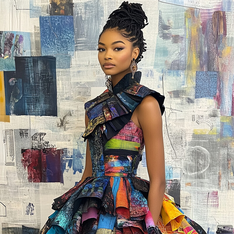 A young woman with dark skin and black hair styled in braids or twists poses confidently in front of a vibrant multicolored dress, set against a large piece of abstract artwork or canvas.