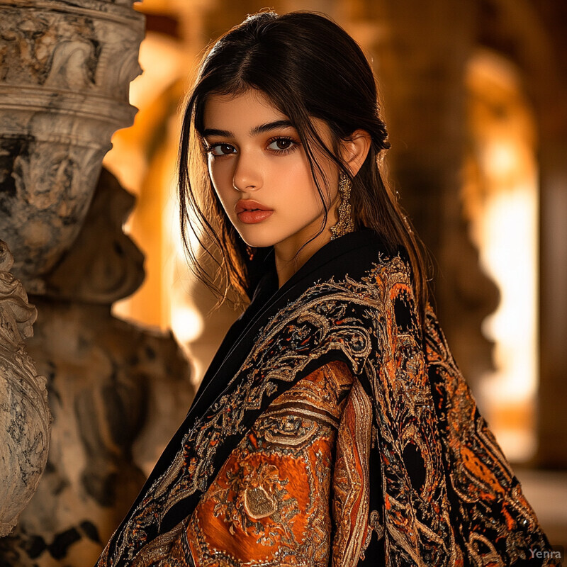 A woman stands confidently in front of an ornate stone column or pillar, wearing traditional Indian clothing and elegant jewelry.