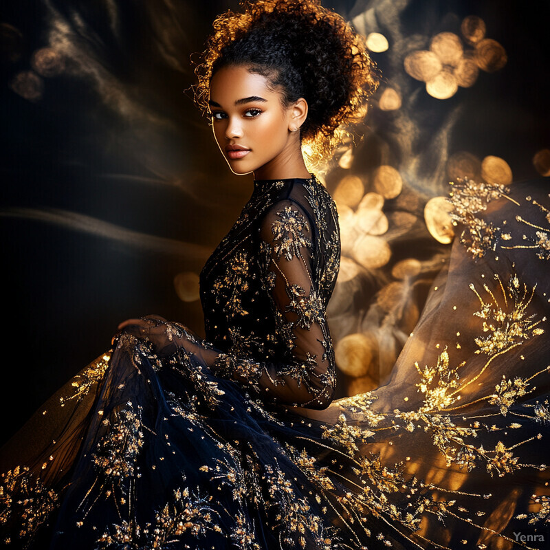 A woman with dark skin and curly hair styled in an updo wears a stunning black dress adorned with gold embroidery.