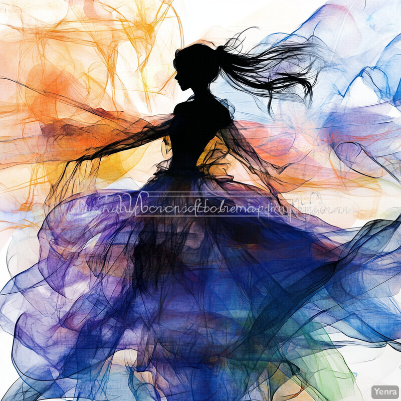 Silhouette of a woman in motion against a colorful background