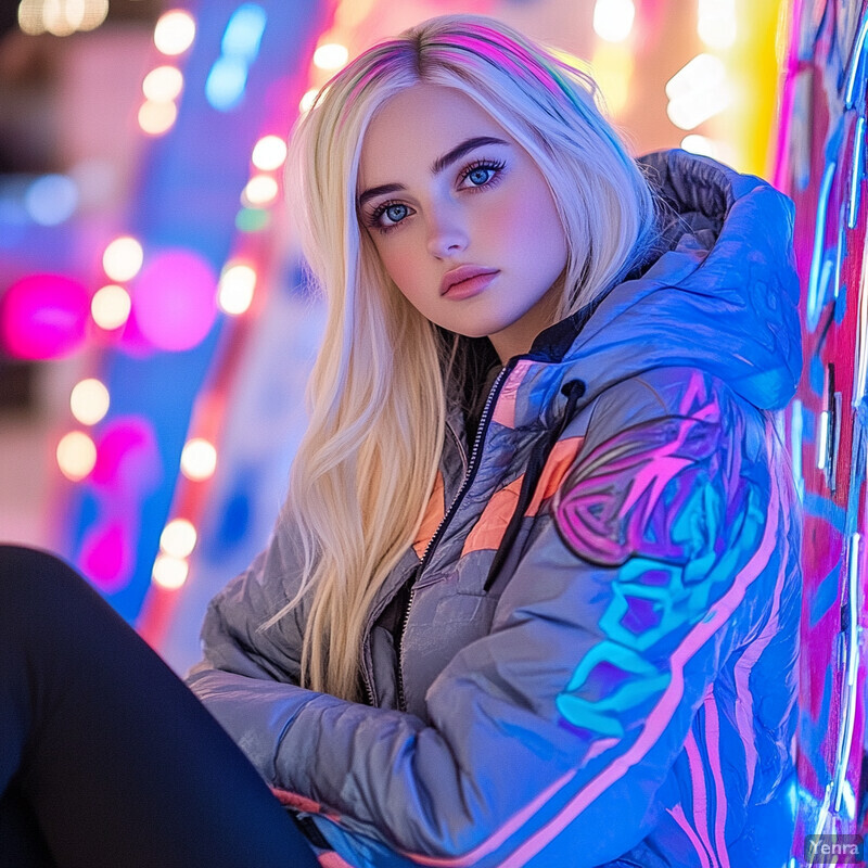 A young woman with long blonde hair and blue eyes poses in front of a neon-lit backdrop.