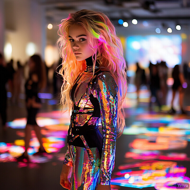 A woman with a metallic jumpsuit poses in an art gallery