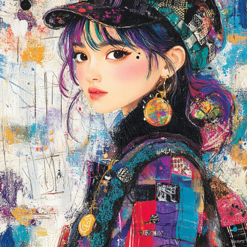 A vibrant painting of a woman with colorful patches on her jacket, set against a kaleidoscope of colors in the background.