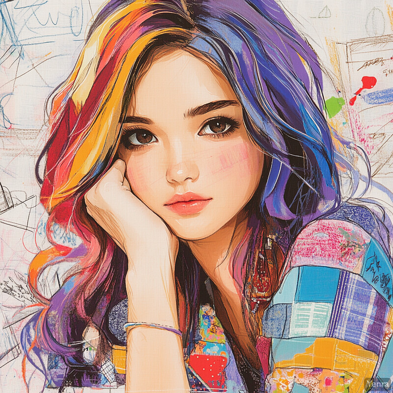 A young woman with colorful hair and clothing poses against a white background