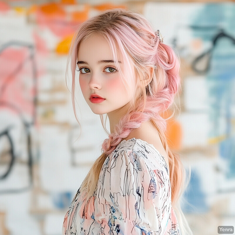 A young woman with pastel pink hair poses in front of a graffiti-covered wall