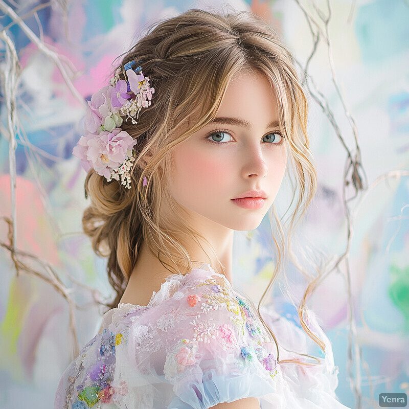 A young girl with long blonde hair and flowers in her hair poses in front of a blurred background with pastel colors and paint splatters.