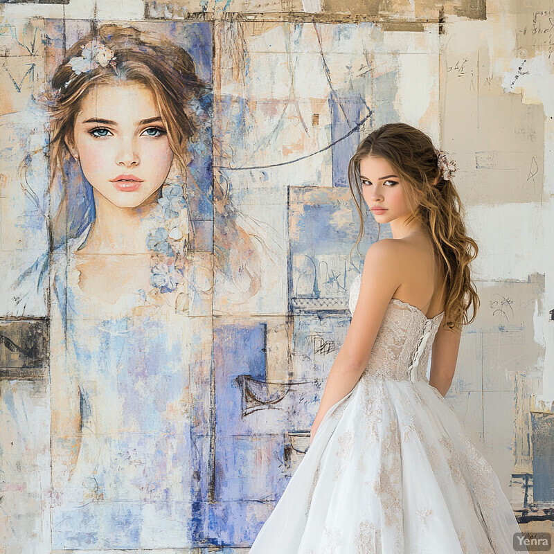 A young woman in a white wedding dress stands in front of a large painting of herself