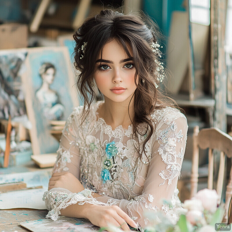 A young woman in a white lace dress sits at a wooden table surrounded by art supplies and canvases, exuding elegance and creativity.