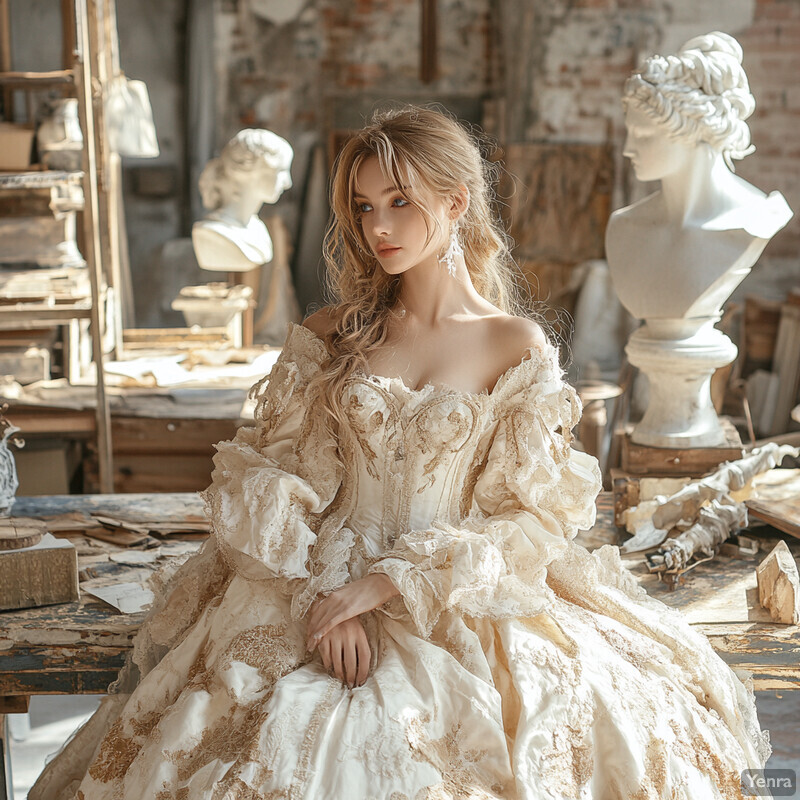 A woman sits in an art studio surrounded by sculptures and other artistic materials, working on a sculpture or painting.