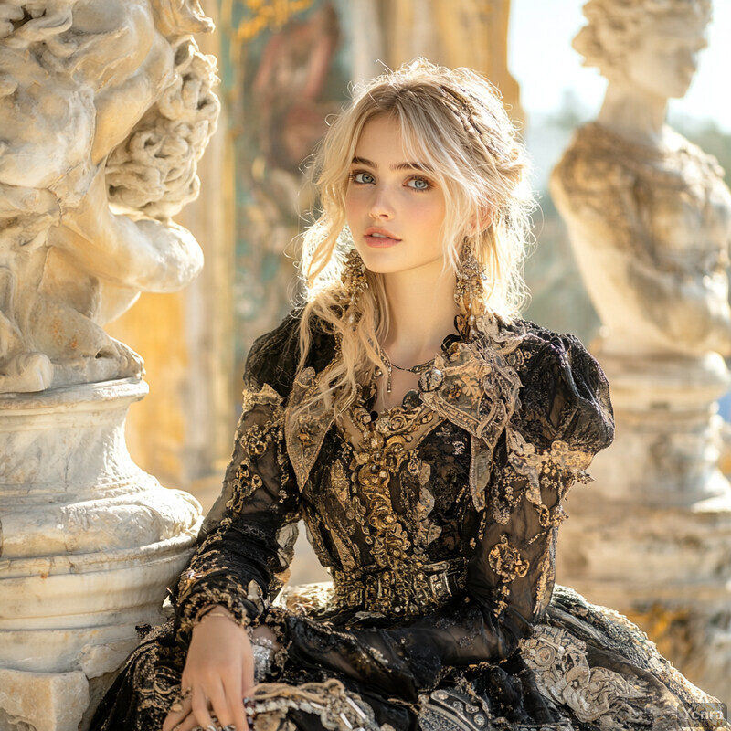 A young woman in an ornate black dress sits on a stone bench surrounded by carvings of human figures.