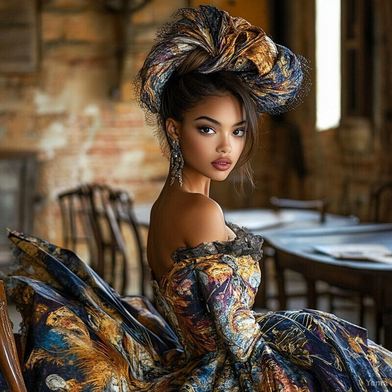 A Renaissance-inspired portrait of a confident and elegant woman with intricate headwear and a flowing gown, exuding sophistication and refinement.