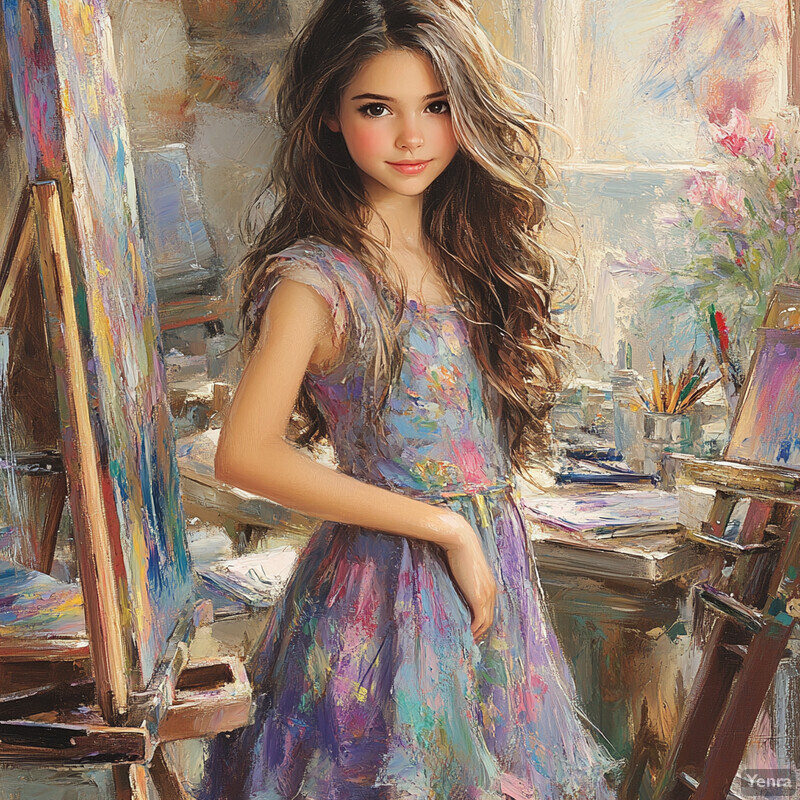 A young girl stands in front of an easel, surrounded by art supplies and canvases, showcasing her artistic talent.