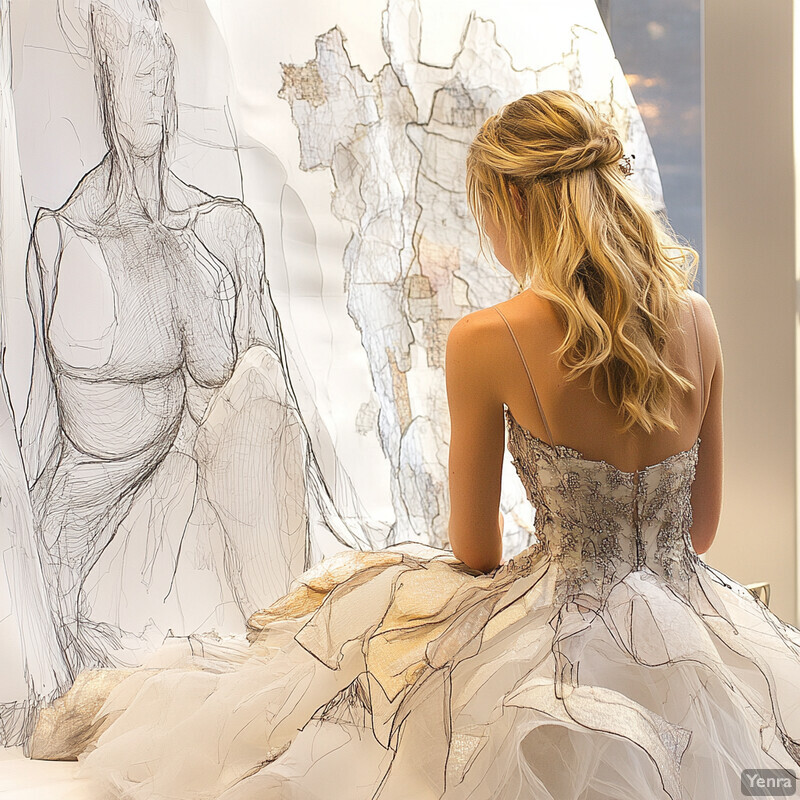 A woman in a wedding dress sits in front of a sketch of herself