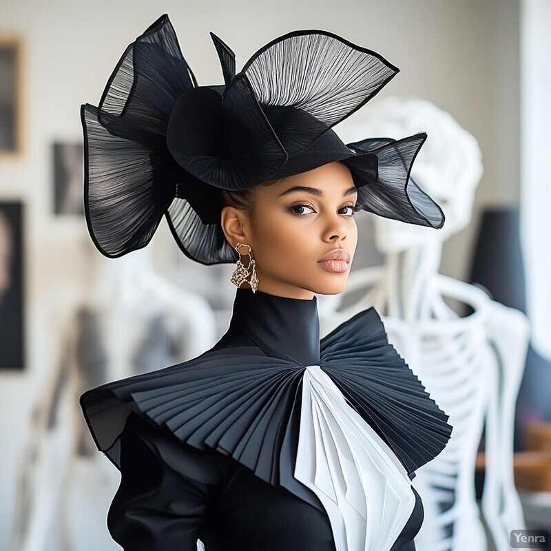 A woman with dark skin and black hair styled in an updo, wearing a stunning black dress adorned with intricate gold accents on her shoulders and chest.