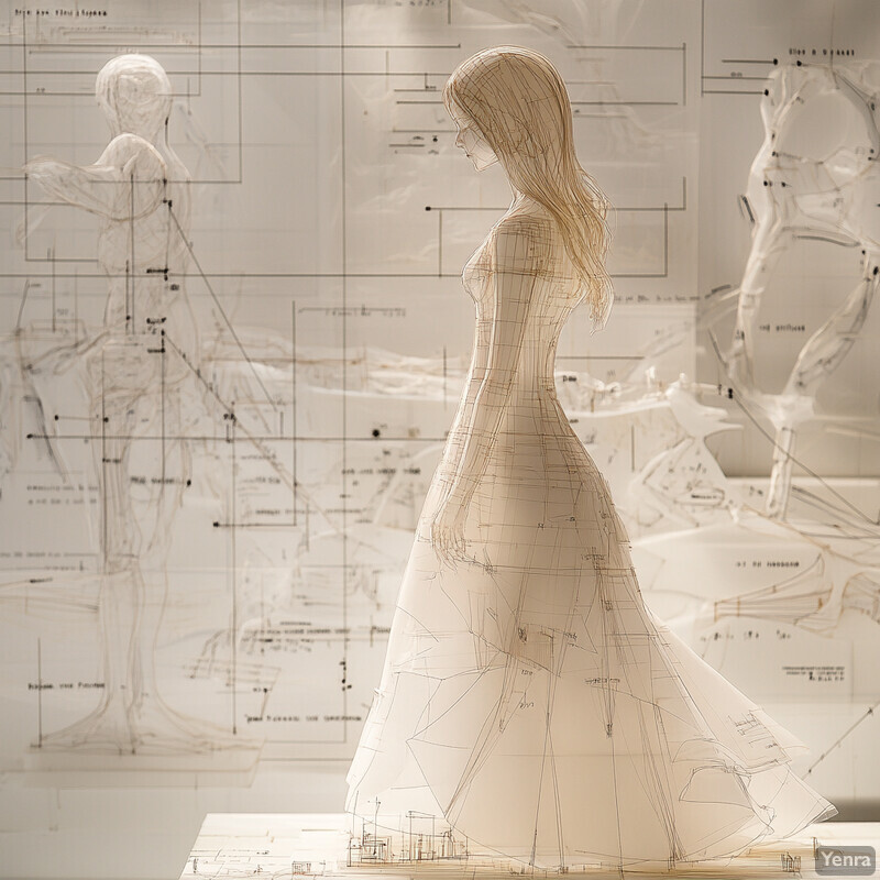 A 3D model of a woman in a flowing dress stands in front of a wall covered in technical drawings.