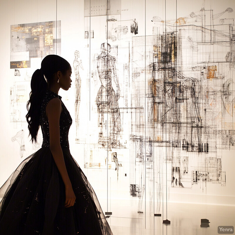 A woman stands in front of a wall covered with sketches of women's bodies, wearing a long black dress made of tulle or organza that sparkles like sequins.