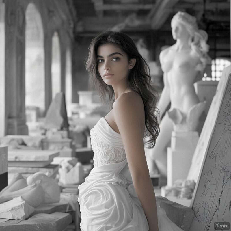 A woman in a white dress stands amidst an art studio or sculpture garden, surrounded by various sculptures and art pieces.