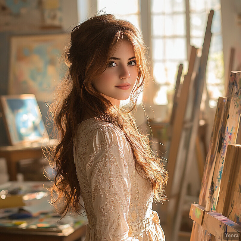 A young woman stands in an art studio surrounded by canvases and paintings, exuding a sense of creativity and inspiration.