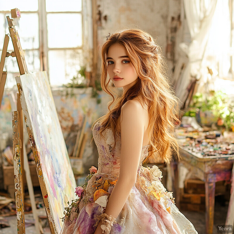 A young woman with long red hair poses in an art studio or gallery, surrounded by paintings and natural light.