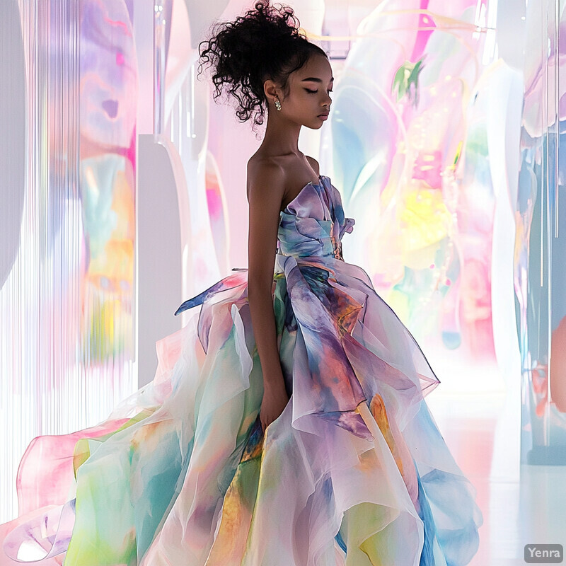 A young girl in a stunning pastel-colored gown with intricate details, posing against a vibrant abstract mural background.